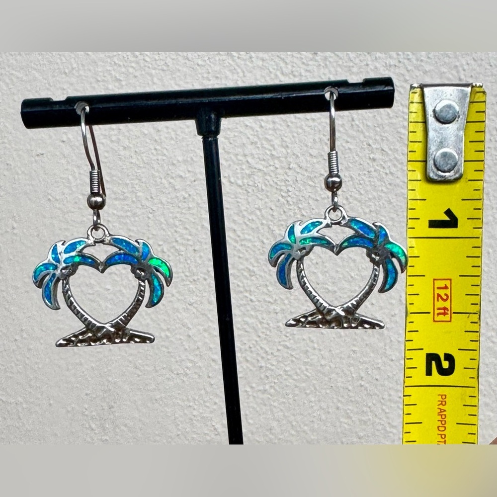 925 Sterling Silver Blue Opal Heart/Palm Tree Shape Dangle Earrings French Wire - Picture 7 of 10